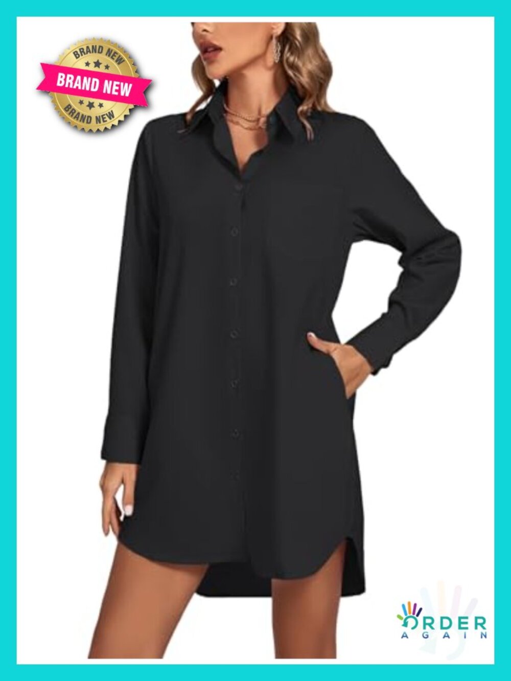 V Neck Button Down Shirt Dress Long Sleeve Mini Curved Hem Casual